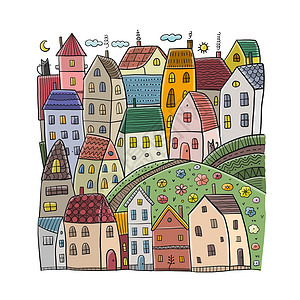 欧洲小镇全景图幼稚的小镇街道景观与路上的房子 斯堪的纳维亚风格的可爱城市 卡通村建筑矢量背景 城镇幼稚街道与建筑物的插图设计图片