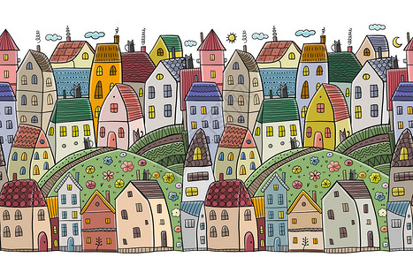 欧洲小镇全景图幼稚的小镇街道景观与路上的房子 斯堪的纳维亚风格的可爱城市 卡通村建筑 无缝图案背景 城镇幼稚街道与建筑物的插图旅游墙纸涂鸦织物设计图片