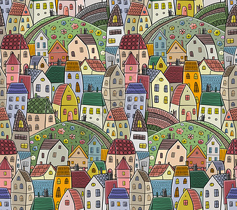 欧洲小镇全景图幼稚的小镇街道景观与路上的房子 斯堪的纳维亚风格的可爱城市 卡通村建筑 无缝图案背景 城镇幼稚街道与建筑物的插图村庄涂鸦艺术旅行设计图片