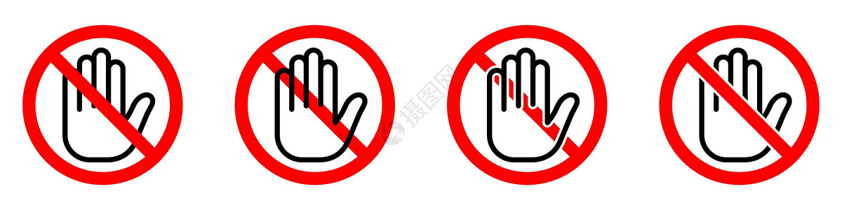 用手图标停止或禁止红色圆形符号 禁止用手触摸禁令圆圈手臂标签黑色白色注意力贴纸危险准入背景图片