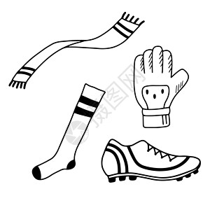 运动手套产品手画运动袜 鞋和围巾 面条黑色足球物体的轮廓在白色背景中被孤立 矢量插图设计图片