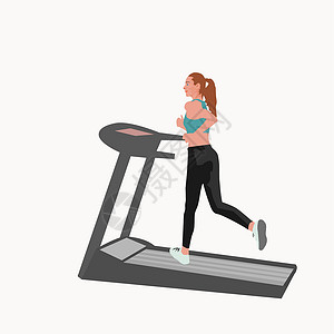 年轻女性健身房使用跑步机跑步妇女骑着白色背景的跑步车慢跑设计图片