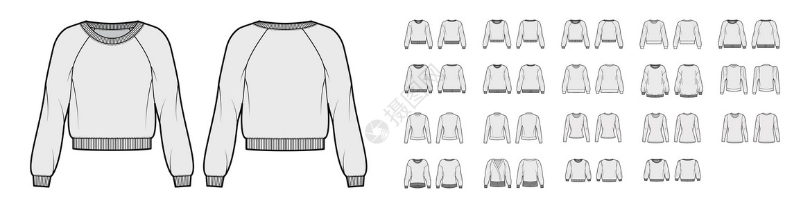 纯棉家居服一套运动衫技术时装插图 配有装备超大小 机组人员V型领颈 长肘袖设计图片