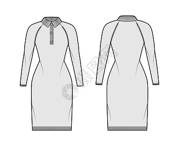 技术时装插图 用Henley脖子 经典项领 长的衣袖 膝盖长度裙子女士织物绘画衬衫夹克女性计算机全体小样背景图片