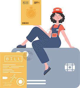 徽式美食妇女信使坐在一张银行卡上 拿着一个盒子 家庭交货概念 孤立的 趋势式的公寓式 矢量式设计图片