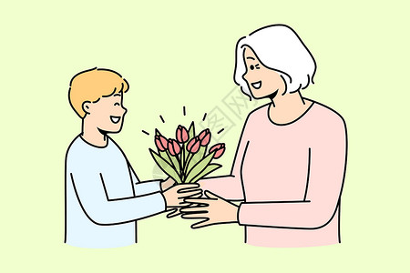 收到礼物的男孩微笑的男孩用鲜花问候奶奶老年礼物男生女士惊喜童年插图孙子展示花束设计图片