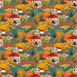 欧洲村庄秋天无缝图案 矢量图示与秋天的情绪橙子纺织品插图城市打印包装墙纸树叶建筑学绘画设计图片