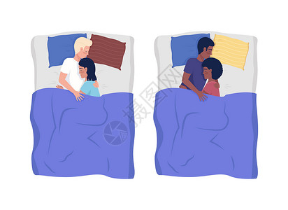 人在床上快乐的夫妇睡在床上半平板彩色向量字符组设计图片