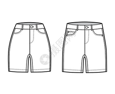 换个角度Denim短裤系列技术时装图 以中高长度 正常低腰 高低上5口袋设计图片