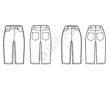 裤子一套Denim短裤技术时装插图 用膝长 正常的低腰 高起 角度5口袋来说明绘画磁带大腿牛仔裤计算机草图服饰棉布纺织品女士设计图片