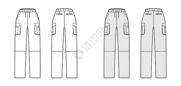 一套可兑换裤子技术时装图解 用正常腰 高上 箱式货物倾卸口袋绘制工装裤敞篷车木匠女性女士腰带压缩孩子们腰部纺织品设计图片