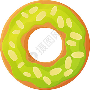 小杏仁饼带有绿色釉料和杏仁片的明亮甜甜圈 没有节食日标志 不健康食品 甜快餐 糖零食 额外卡路里概念 在卡通风格的白色背景上孤立的种群矢设计图片