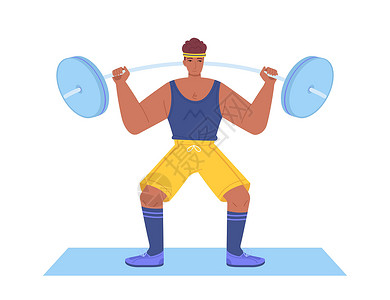 强夯机运动家 健美机 健身器材 体力设备 体重训练肌肉强力锻炼概念 在白色背景剪辑艺术中孤立的平板卡通风格股票矢量插图设计图片