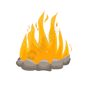 木火旅游营火 户外篝火和野营石壁炉 燃烧的火旅行和冒险的象征 在石头边界的旅游篝火 平面矢量图设计图片