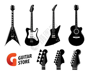 一套吉他短片黑色颜色 在白色-电气和声响吉他以及音乐店的Logo中隔绝设计图片