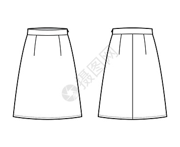 裙子促销A直甲A线完整技术时装图解 膝盖长双轮光 薄腰带平底模版溜冰者绘画小样孩子们运动织物喇叭形身体棉布插图设计图片