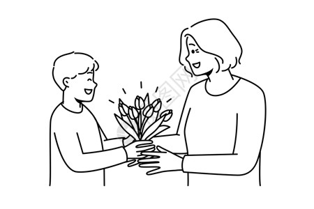 拿花束的男孩微笑的男孩用鲜花问候奶奶纪念日花束周年女士孙子插图童年退休祖母男生设计图片