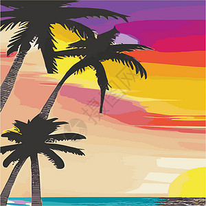 马尔代夫橡皮筏复古棕榈树海滩 具有阳光渐变的抽象背景 棕榈树剪影卡通平面全景景观 日落与棕榈树彩色背景暑假 日出或日落热带享受打印情调插图海洋设计图片