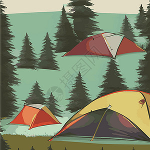 春季夏列营靠近绿色森林和山脉的露营帐篷 夏季或春季景观 卡通旅游营地 在森林 山景中设有野餐地点和帐篷 平面样式的矢量插图闲暇传统冒险游客设计图片