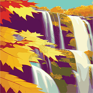 瀑布矢量秋天森林风貌 岩石上瀑布不断形成 自然景象的矢量漫画插图落叶地平线环境季节天空辉光花园流动卡通片丘陵设计图片
