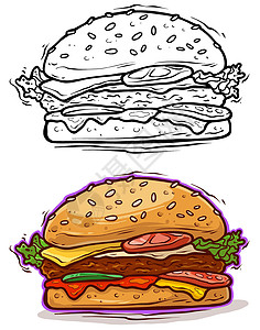 肉加馍卡通 美味的大汉堡包加奶酪和番茄设计图片