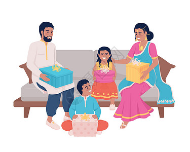 印度家庭家庭成员在节日半平板彩色向量字符中交换礼物的家庭成员设计图片