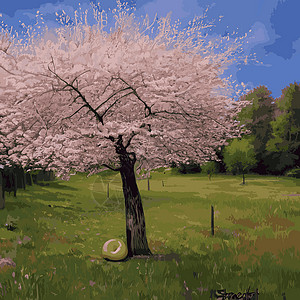 日本特色民宿现实的萨库拉树 高雅的日本特色 有粉红色花瓣在绿色草原上的鲜花植物 亚洲人卡片插图林地新娘枝条花园叶子庆典艺术生态设计图片
