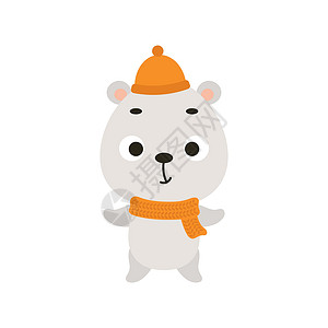 婴儿帽子戴着帽子和围巾的可爱小北极熊 儿童 T 恤 托儿所装饰 迎婴派对 贺卡 邀请函 室内装饰的卡通动物角色 矢量股票图设计图片