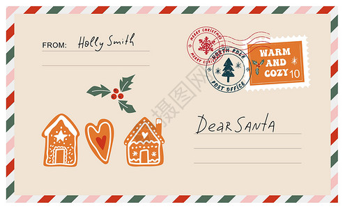 姜饼中断圣诞信封上贴有邮票 印章 姜饼房和圣诞老人的碑文设计图片