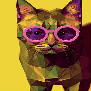 带金牌的猫在带有太阳镜的几何多边形上手工绘制一只猫的肖像 矢量孤立元素 带眼镜的猫 打印艺术插图涂鸦公主胡子风格问候语小狗婴儿草图设计图片