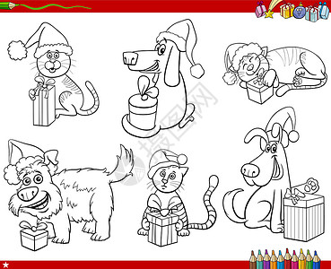 老人和狗带圣诞礼物的卡通漫画狗和猫设计图片