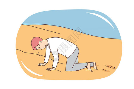 脱水精疲力尽的人在沙漠中爬行设计图片