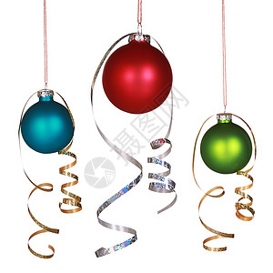 三个圣诞装饰品 红色的 白色的 绿色的 蓝色的 假期 金子 丝带背景图片