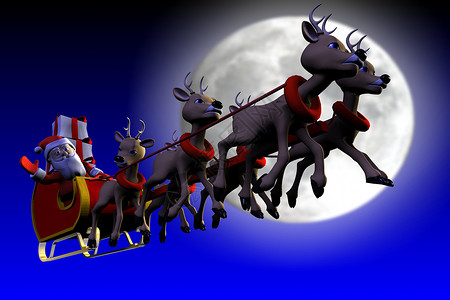 飞翔鹿圣诞老人在月亮前飞翔背景