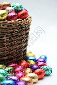 配巧克力蛋的韦克篮子 季节 朱古力蛋 黄色的 粉色的 复活节背景图片