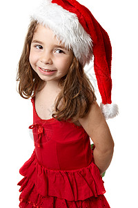 穿着红色圣塔帽子的微笑女孩背景图片