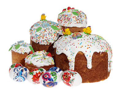 俄罗斯复活节蛋糕和彩色东方鸡蛋孤立 生活 盘子背景图片