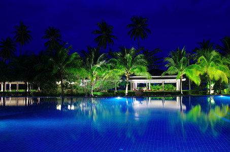 游泳池照明夜间游泳池 假期 日出 椅子 绿色的 酒店 热带 日落背景