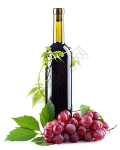 瓶红酒加葡萄 叶子 食物 玻璃 喝 干净的 派对背景图片
