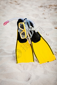 夏季海滩上的黄鳍和浮游面罩 旅游 冒险 潜水乐趣高清图片素材