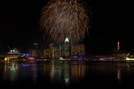 新加坡烟花 火 念日 新年 中心 天际线 城市景观 派对背景图片