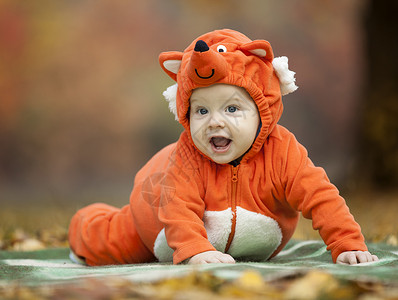 身着狐狸服装的男孩宝宝 森林 孩子 季节 男生 自然动物高清图片素材
