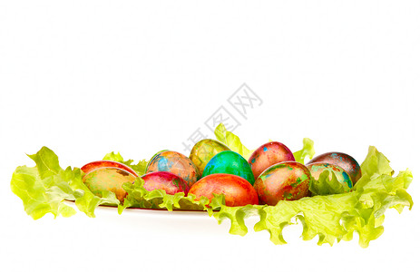 复活节鸡蛋 树叶 假期 工作室 盘子 绿色的背景图片