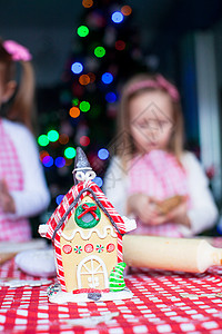 姜饼仙女屋 由花彩糖果装饰 在小女孩的背景上 微笑 饼干背景图片