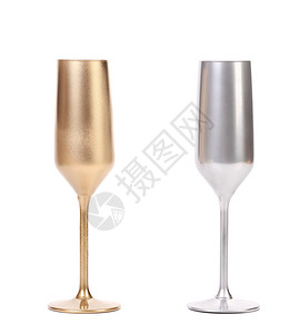 金子和银子香槟杯 覆盖 夫妻 薄的 白色的 婚礼背景图片