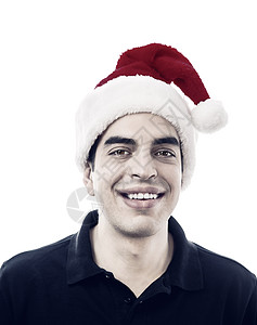 带着圣诞老人帽子的笑笑快乐的年轻人背景图片