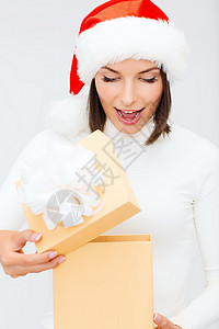穿着圣塔帮手帽子 拿着礼物盒的惊喜女人 幸福背景图片