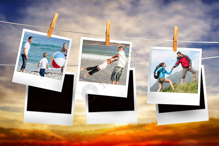 挂在线上的即时照片综合图像 夏天 20多岁 男生 天空海滩高清图片素材