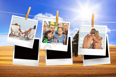 挂在线上的即时照片综合图像 情人 吹 海滩 乐趣海岸线高清图片素材