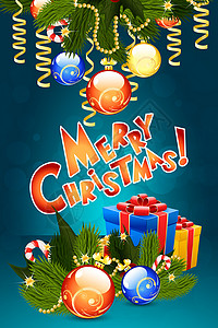 圣诞卡模板 新年 礼物 枞树 插图 晚间舞会 糖果手杖 球 糖果背景图片